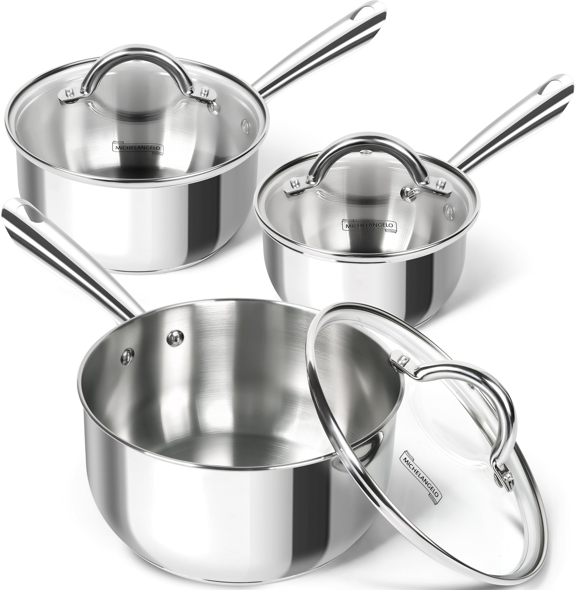 MICHELANGELO 1 & 2 & 3 Quart Stainless Steel Pot Set 6 Pcs with Triply Base, Stainless Steel Saucepans with Lids