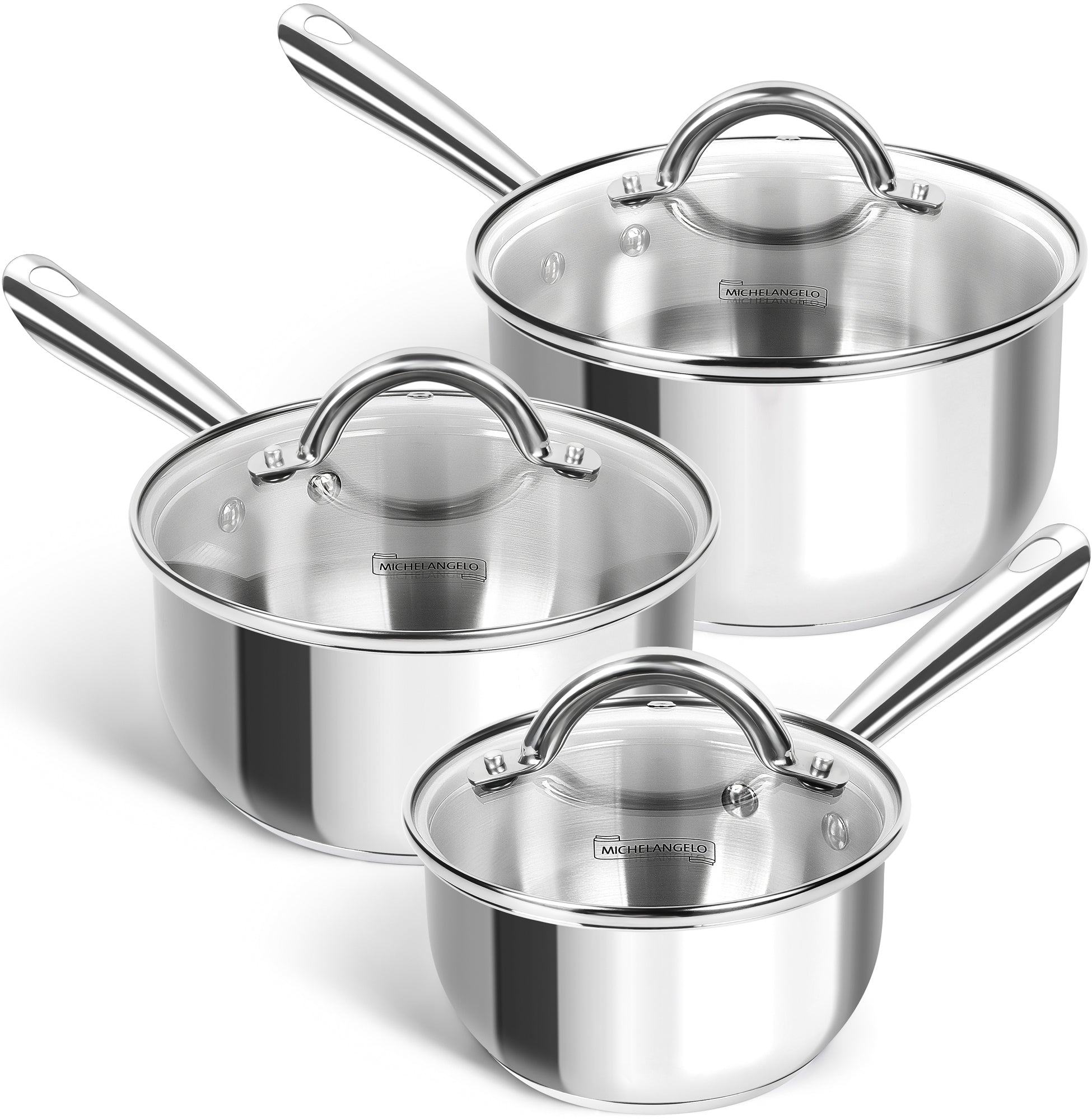 MICHELANGELO 1 & 2 & 3 Quart Stainless Steel Pot Set 6 Pcs with Triply Base, Stainless Steel Saucepans with Lids