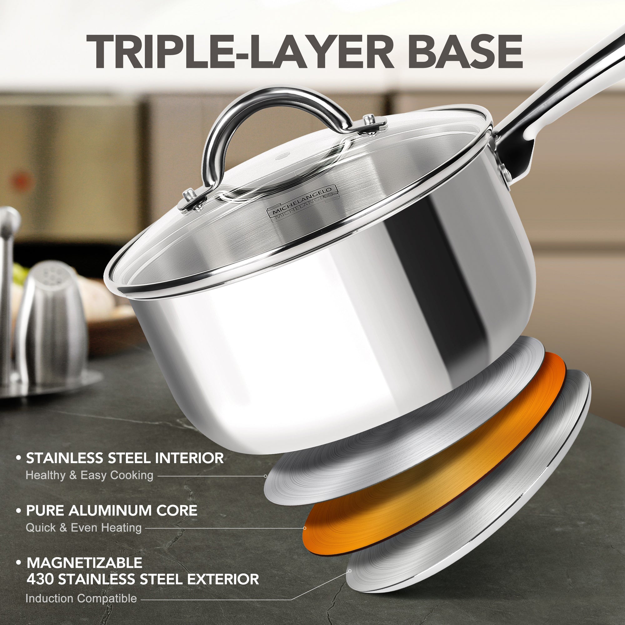 MICHELANGELO 1 & 2 & 3 Quart Stainless Steel Pot Set 6 Pcs with Triply Base, Stainless Steel Saucepans with Lids