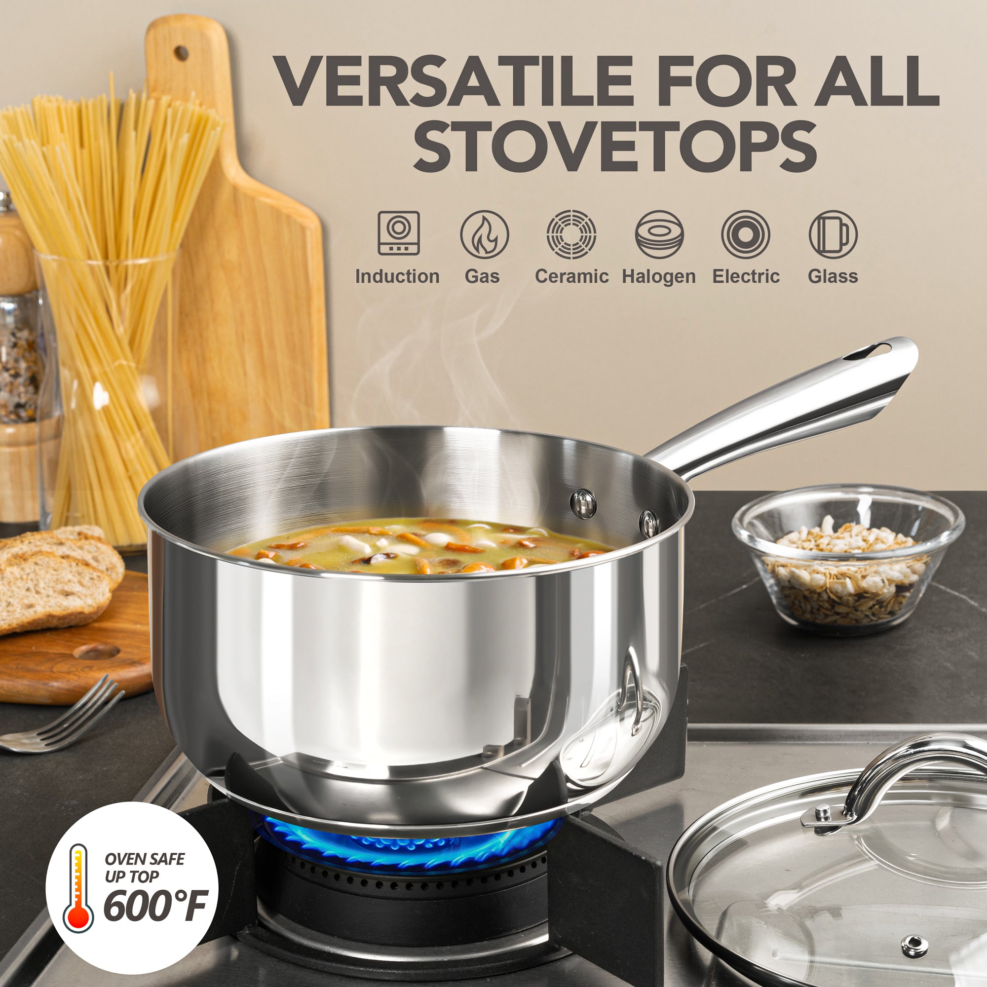 MICHELANGELO 1 & 2 & 3 Quart Stainless Steel Pot Set 6 Pcs with Triply Base, Stainless Steel Saucepans with Lids