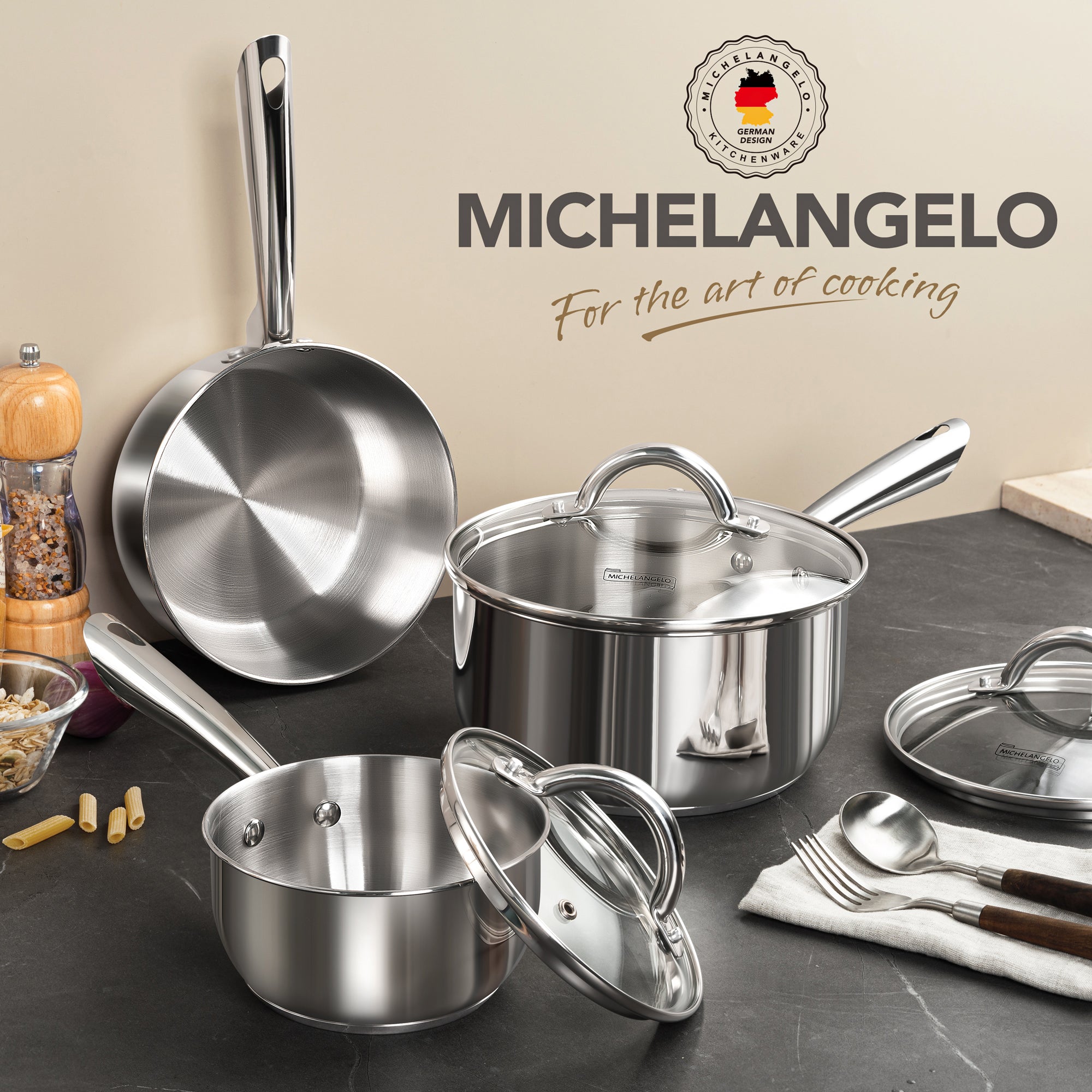 MICHELANGELO 1 & 2 & 3 Quart Stainless Steel Pot Set 6 Pcs with Triply Base, Stainless Steel Saucepans with Lids