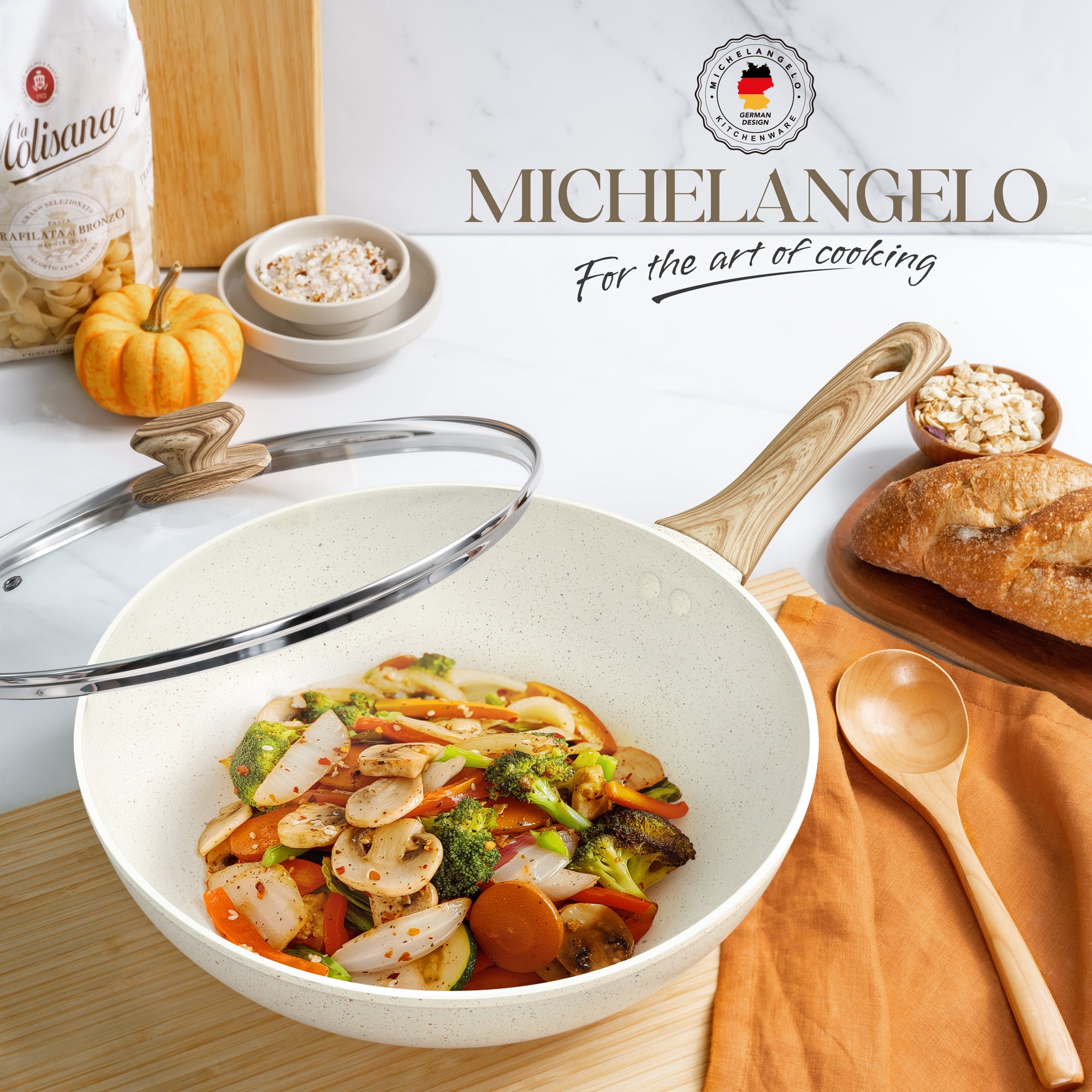 MICHELANGELO 12 Inch Wok Pan with Lid white
