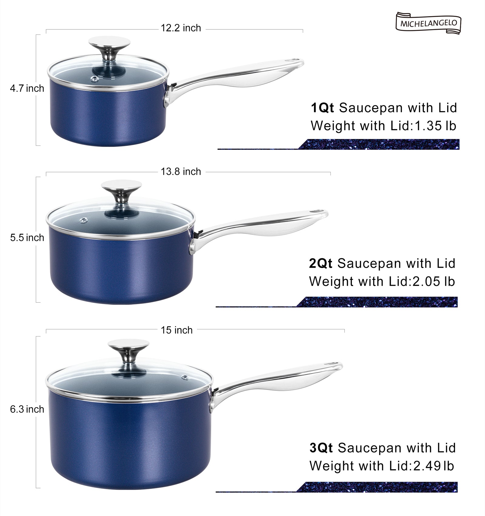 MICHELANGELO Sauce Pan Sets, Ceramic Saucepans with Lids, 1Qt & 2Qt & 3Qt
