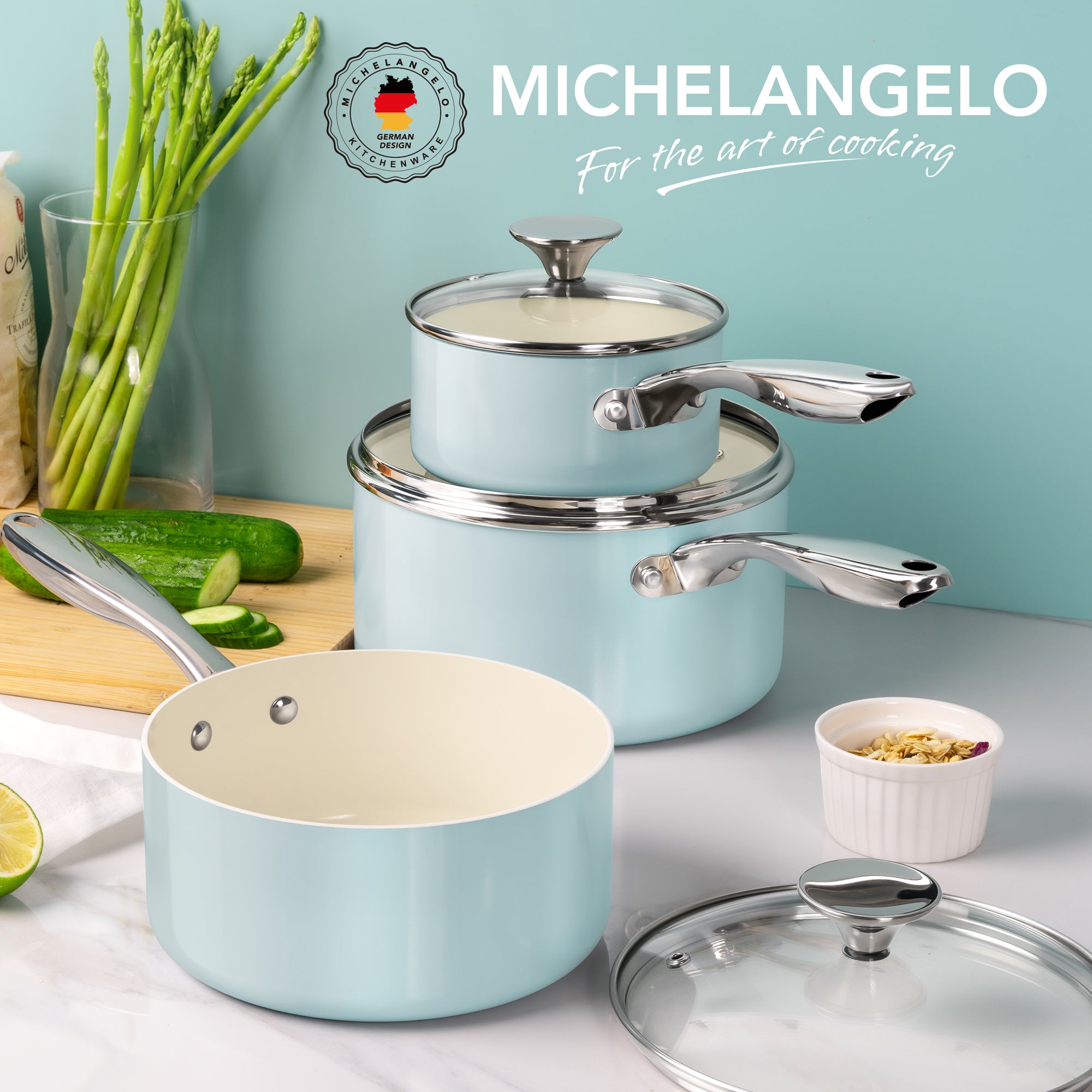 MICHELANGELO Sauce Pan Sets, Ceramic Saucepans with Lid 1QT,2QT,3QT