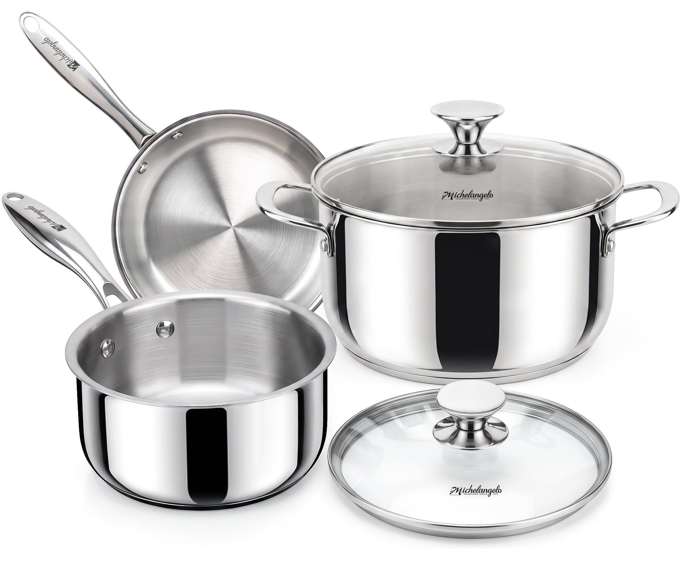 MICHELANGELO 5-Piece Stainless Steel Pots and Pans Set with Glass Lids