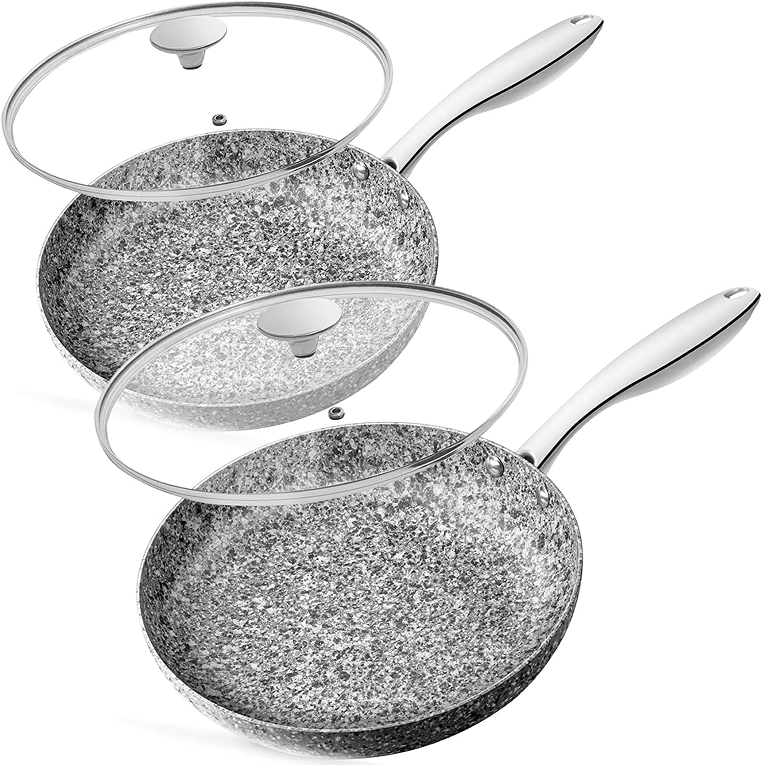 MICHELANGELO Frying Pan Set with Lid,8" & 10" Granite Skillet Set