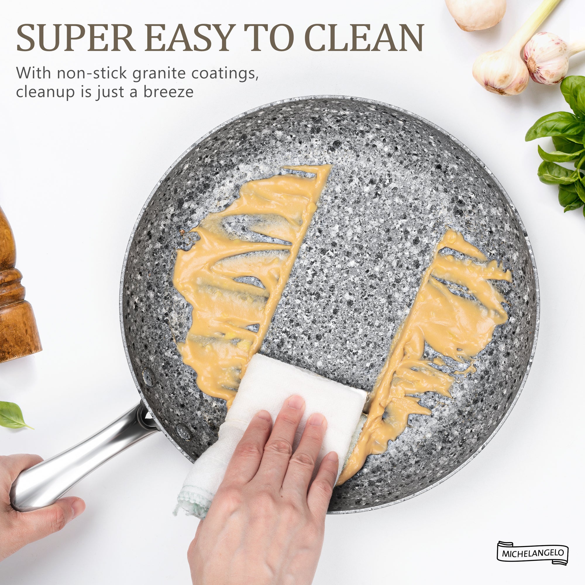 MICHELANGELO Frying Pan Set with Lid,8" & 10" Granite Skillet Set