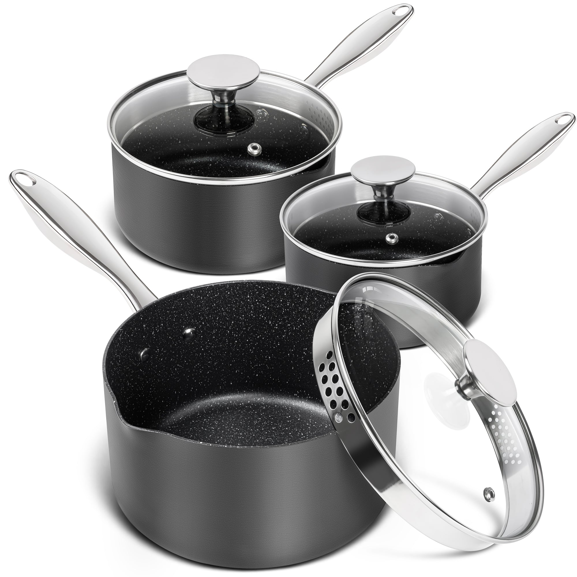 MICHELANGELO 1.5 & 2 & 3 Quart Hard Anodized Nonstick Sauce Pan with Strainer Lid & Pour Spouts for Easy Pour