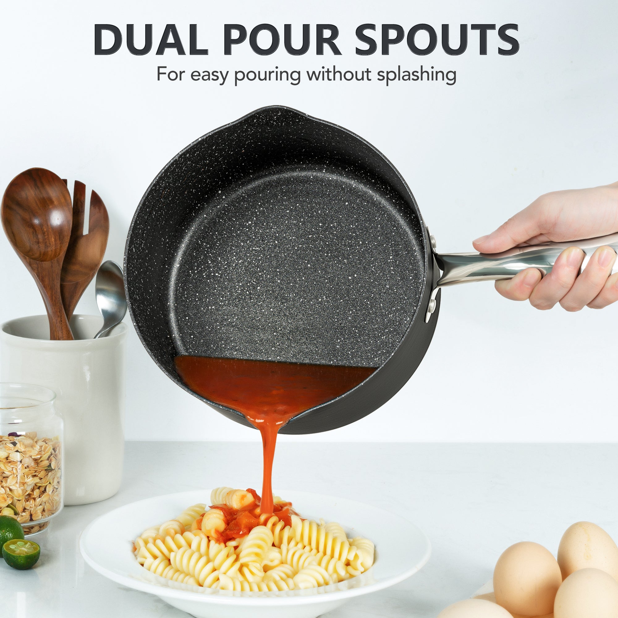 MICHELANGELO 1.5 & 2 & 3 Quart Hard Anodized Nonstick Sauce Pan with Strainer Lid & Pour Spouts for Easy Pour