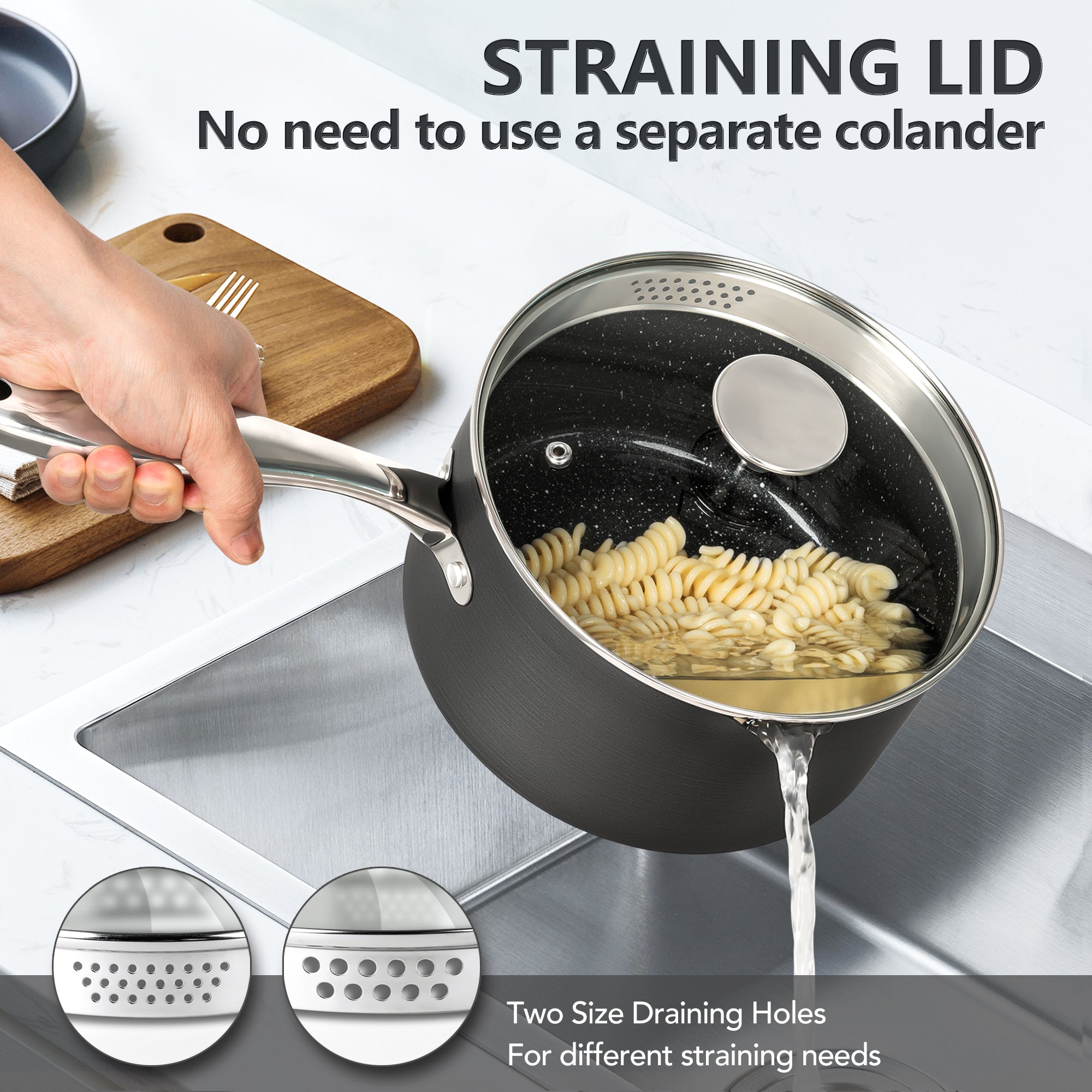 MICHELANGELO 1.5 & 3 Quart Hard Anodized Nonstick Sauce Pan with Strainer Lid & Pour Spouts for Easy Pour